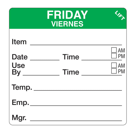 Friday - Viernes 2" x 2" Durable Day of the Week Shelf Life Date Label