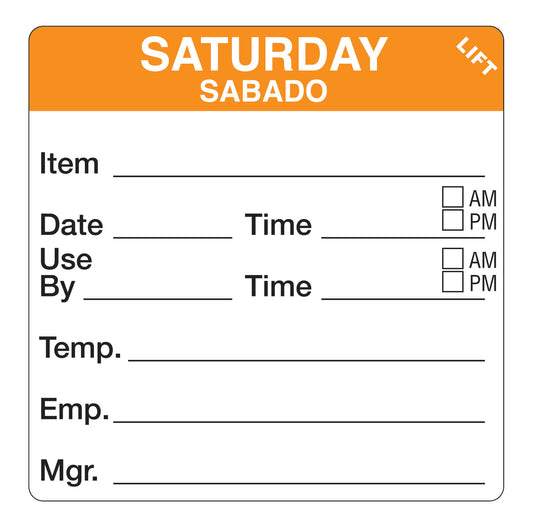 Saturday - Sabado 2" x 2" Durable Day of the Week Shelf Life Date Label