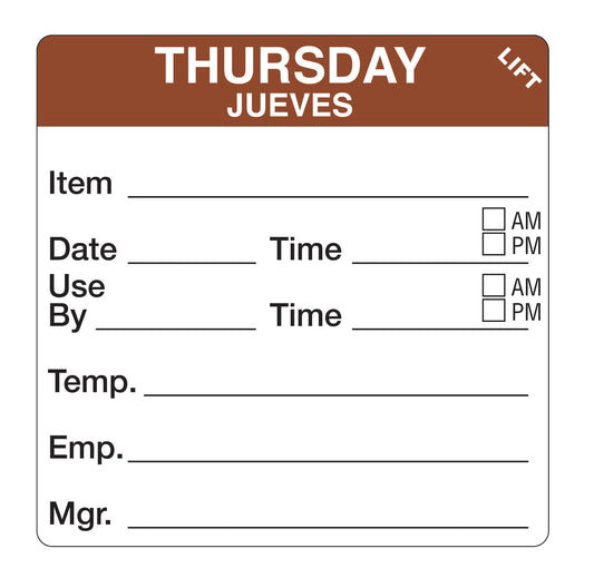 Thursday - Jueves 2" x 2" Durable Day of the Week Shelf Life Date Label