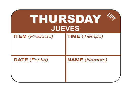 Thursday - Jueves 1" x 1.5" Durable "Quad" Day of the Week Date Label