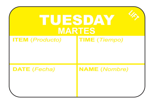 Tuesday - Martes 1" x 1.5" Durable "Quad" Day of the Week Date Label