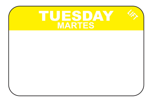 Tuesday - Martes 1" x 1.5" Durable Day of the Week Date Label