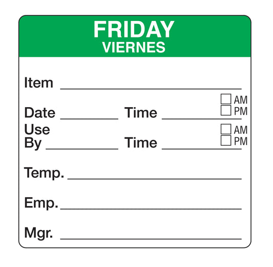 Friday - Viernes 2" x 2" Dissolvable Day of the Week Shelf Life Date Label