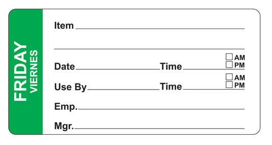 Friday - Viernes 4" x 2" Removable Day of the Week Prep Date Labels®