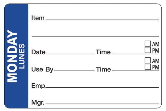 Monday - Lunes 2" x 3" Dissolvable Day of the Week Shelf Life Date Label