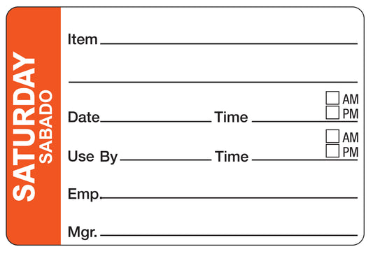 Saturday - Sabado 2" x 3" Dissolvable Day of the Week Shelf Life Date Label