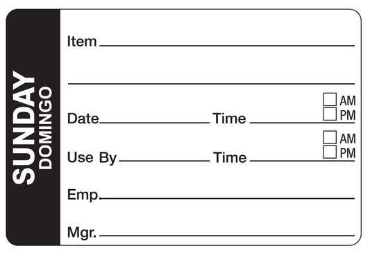 Sunday - Domingo 2" x 3" Dissolvable Day of the Week Shelf Life Date Label