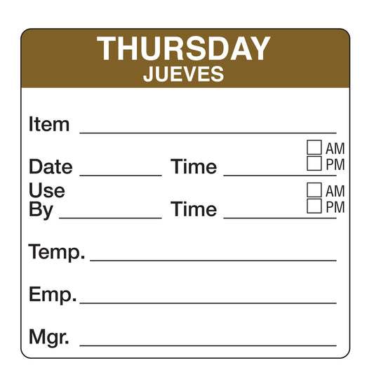 Thursday - Jueves 2" x 2" Dissolvable Day of the Week Shelf Life Date Label