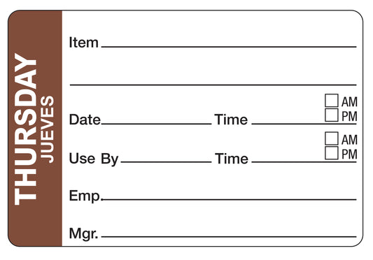 Thursday - Jueves 2" x 3" Dissolvable Day of the Week Shelf Life Date Label