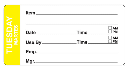 Tuesday - Martes 4" x 2" Removable Day of the Week Prep Date Labels®