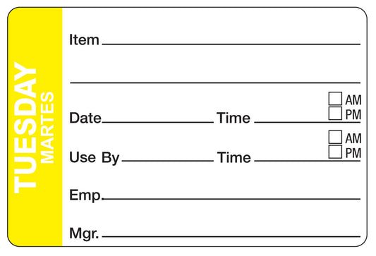 Tuesday - Martes 2" x 3" Dissolvable Day of the Week Shelf Life Date Label