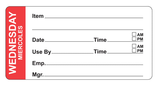 Wednesday - Miercoles 4" x 2" Removable Day of the Week Prep Date Labels®